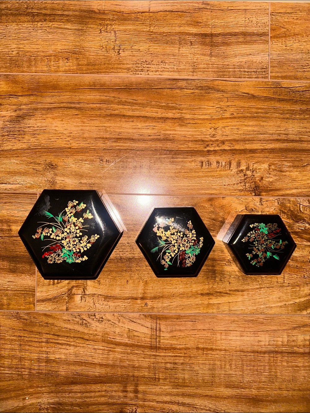 Set of 3 Vintage Hexagonal Black Lacquer Trinket Boxes with Floral Design